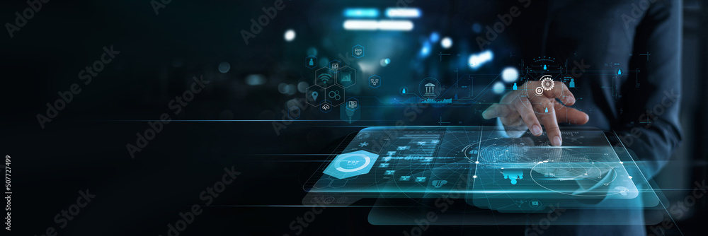 Aufkleber business woman touch global data network and analysis customer growth graph, progress of business an