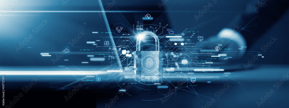 Poster Businessman and fingerprint scanning unlock and access to business data network. Cloud. Biometric identification and cyber security protect business transaction from online digital cyber attack.