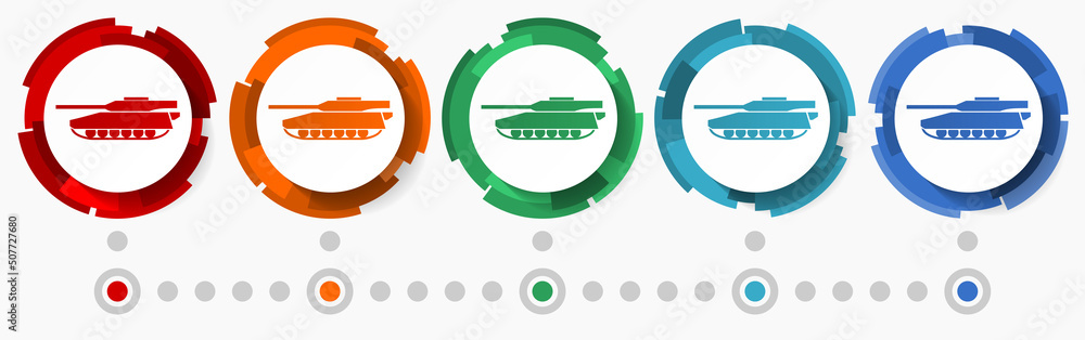 Poster Tank, army concept vector icon set, modern design abstract web buttons in 5 color options, infographic template for webdesign and mobile apps