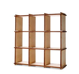 Toy wooden shelving unit on white background