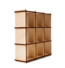 Toy wooden shelving unit on white background