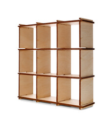 Toy wooden shelving unit on white background