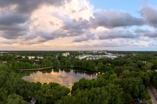 Aerial view of Lake Lily in Maitland, Florida during sunset. May 29,2022