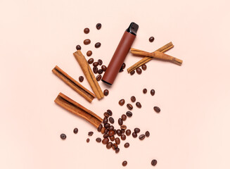 Disposable electronic cigarette, coffee beans and cinnamon on light background