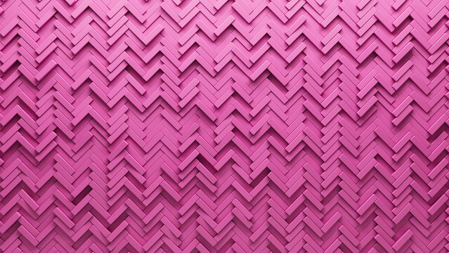 Semigloss Tiles arranged to create a 3D wall. Herringbone, Futuristic Background formed from Pink blocks. 3D Render