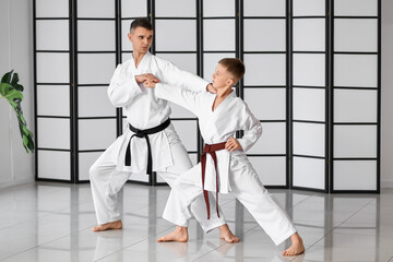 Boy practicing karate with instructor in dojo