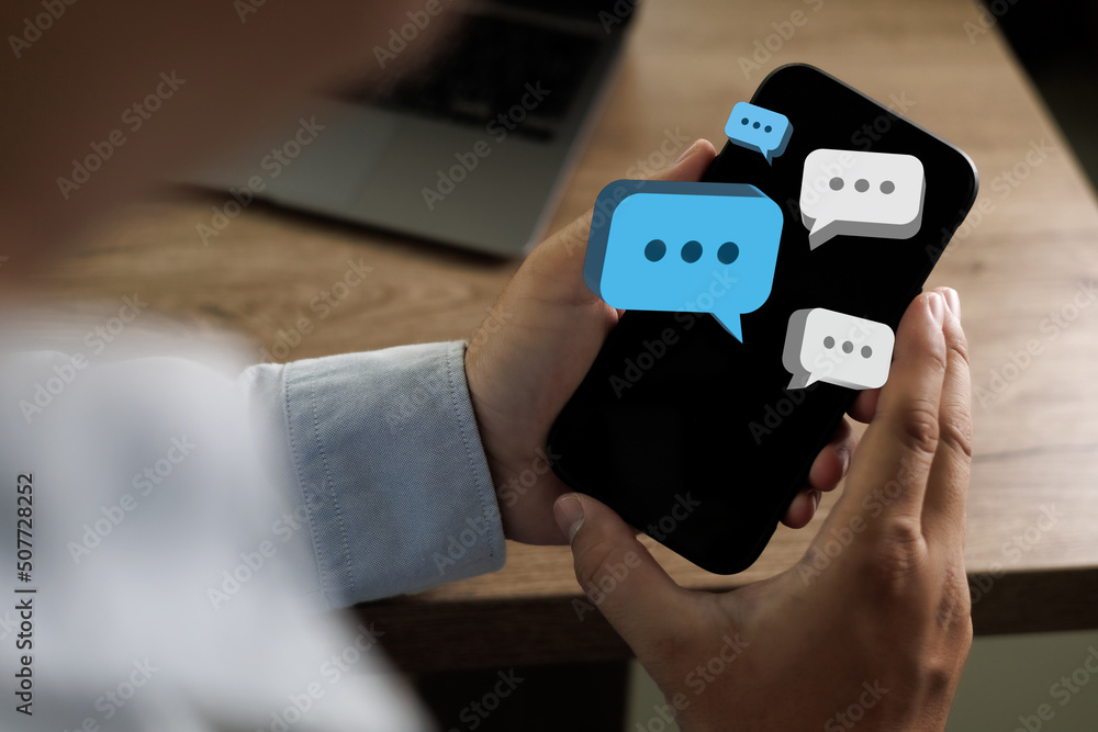 Poster pop up social media men hand using smartphone typing chatting live chat chatting on application comm