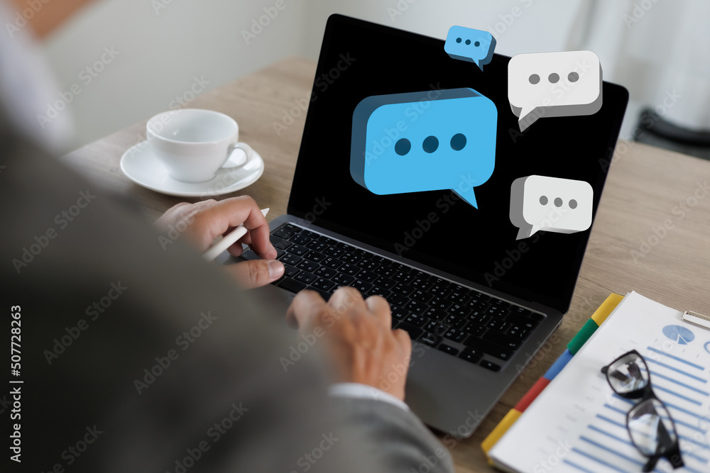 Poster pop up social media men hand using smartphone typing chatting live chat chatting on application comm