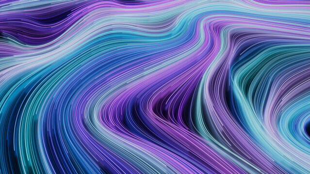 Colorful Lines Background with Lilac, Turquoise and Blue Stripes. 3D Render.