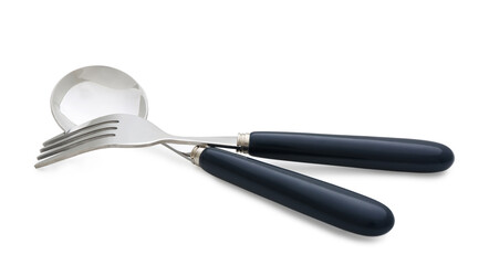 Stylish stainless steel fork and spoon on white background