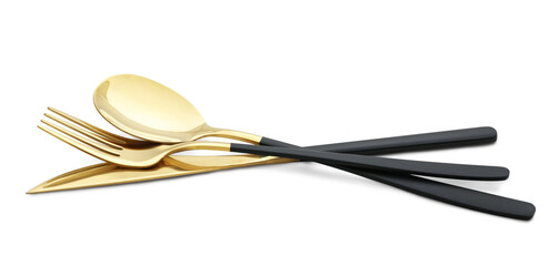 Set of stainless steel cutlery with black handle on white background