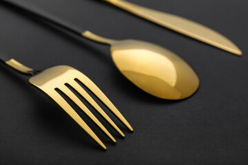 Stylish stainless steel cutlery on black background, closeup