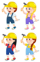 A girl wearing helmet holding hammer
