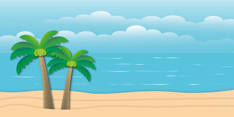 Fototapeta na wymiar Idyllic beach with turquoise blue sea, sand, coconut tree, sky and cloud, Nature background or Summer holiday concept. copy space for the text. illustration paper cut design style.