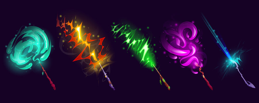 Magic wands with light vfx effect, wizard or witch sticks with glow and colorful beams of spell. Wooden and metal bizarre rod with sparkling trails. magician assets, Cartoon vector illustration, set