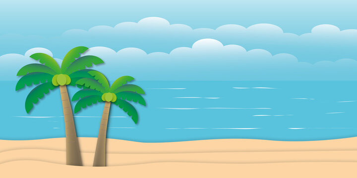 Idyllic beach with turquoise blue sea, sand, coconut tree, sky and cloud, Nature background or Summer holiday concept. copy space for the text. illustration paper cut design style.