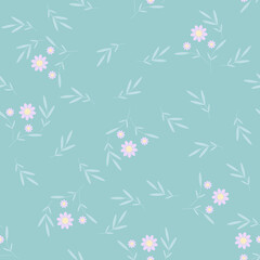 Daisy floral pattern for bed linen textile. Unique seamless ornament of flowers and leaves. Mix doodle on retro style green background. Simple art design pattern for textile, fabric and print. Vector 