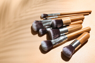 Set of wooden makeup brushes and palm leaf shadow on beige background