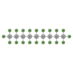 Nonane, organic chemical compound, molecule. Stick model and infographic.