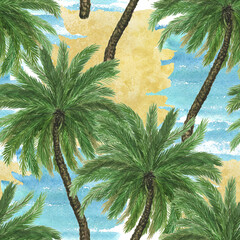 Palm tree seamless pattern. Watercolor painting summer wallpaper - 507730803