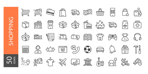 Simple Set of Shopping Related Vector Line Icons. Contains such Icons as Credit Card, Cart, Customer Service, Rating, Webstore, Smartphone, Shipping etc. Editable stroke 64X64 Pixel Perfect
