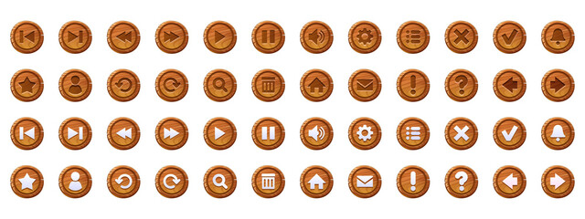 Circle buttons with wooden texture and icons for game menu interface or website. Vector cartoon set of ui elements from brown timber with signs isolated on white background © klyaksun