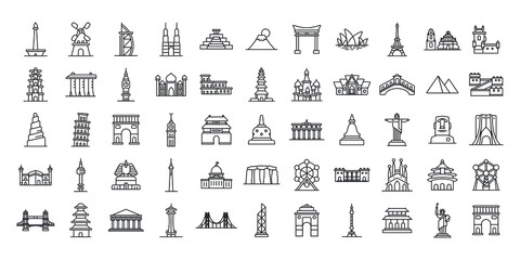 set of simple icon tourist destinations around the world. iconic landmarks of famous cities in vector design. minimalist landmark in vector editable line - Powered by Adobe