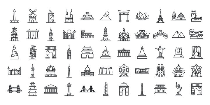 set of simple icon tourist destinations around the world. iconic landmarks of famous cities in vector design. minimalist landmark in vector editable line