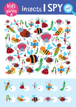 Find the same pictures and count it. Kids learning games collection. Cute insects.