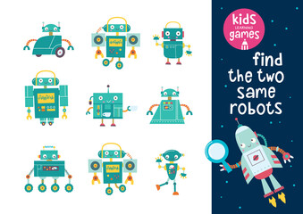 Kids learning game. Find the same robots.