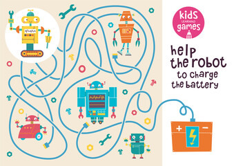 Funny maze for children. Help the robot to charge the battery. Kids learning games collection. 