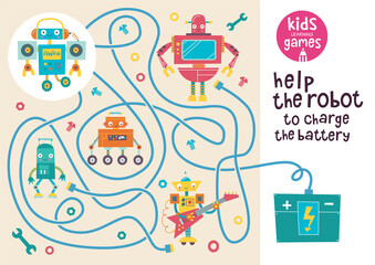 Funny maze for children. Help the robot to charge the battery. Kids learning games collection. 