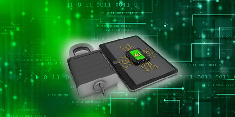 3d rendering microchips on mobile phone protection lock
