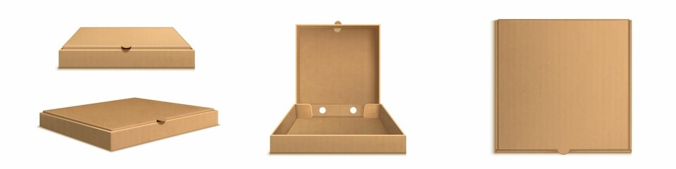 Brown cardboard pizza box 3d realistic vector. Open empty and closed carton package for delivery fast food, top side view isolated mockup illustration on white background - obrazy, fototapety, plakaty