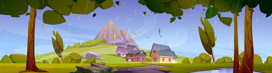 Storm, rainy landscape with mountain and houses. Vector cartoon illustration of summer rural scene of green valley with village on foothills of sleeping volcano, trees, road and puddle © klyaksun
