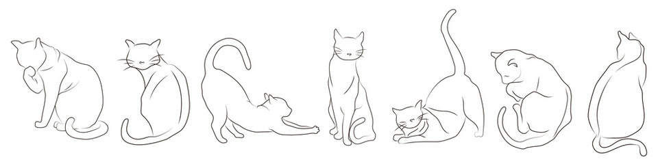 Collection of vector illustration of outline silhouette of cats in different poses. Hand-drawn illustrations for design and decoration of kids room, books of children, card, pattern, cover, fabric.