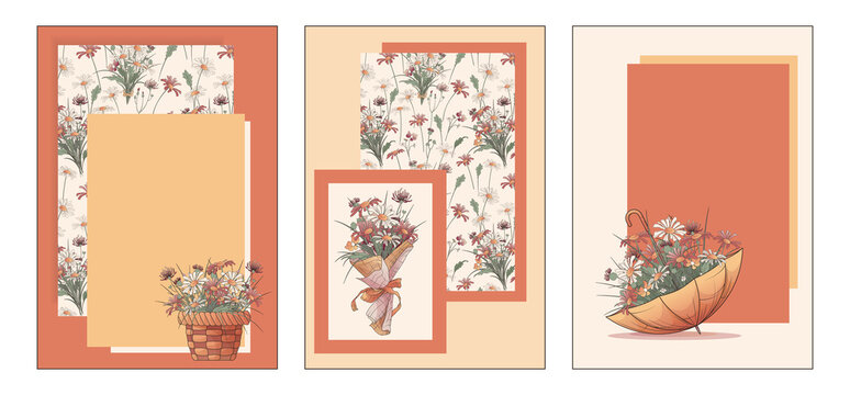 Vector set from three card with illustration of wildflowers, pattern, bouquet, basket and umbrella with flowers. Floral background with place for text. Use for postcard, poster, banner, flower shop.