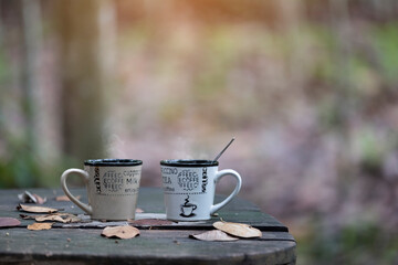 Close up hot coffee in garden