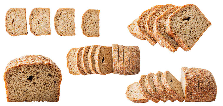 Sliced whole grain bread isolated on white background.