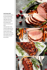 Collage of baked ham with vegetables.