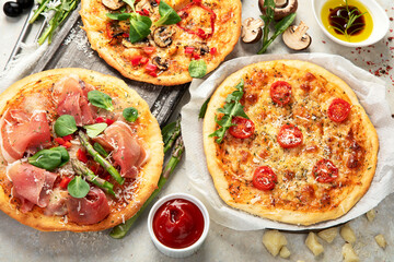 Set of delicious homemade pizzas.