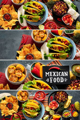 Collage of Mexican food, many dishes of the mexican cuisine.