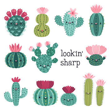 Vector set of bright cute cacti. Collection of exotic plants. Smiling caroon characters. Doodle natural elements are isolated on white. Funny cactus with flowers. Kids stickers