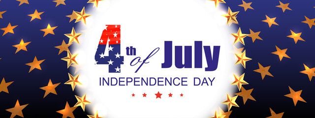 Blue banner with a round white frame, gold stars, elements of the flag of America