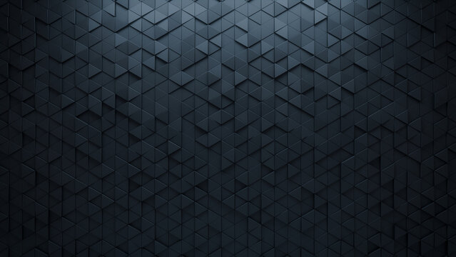 Triangular, 3D Wall background with tiles. Black, tile Wallpaper with Polished, Futuristic blocks. 3D Render