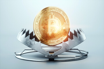 Bitcoin coin in a large metal bear trap, close-up. Soap bubble concept, crypto currency, blockchain, electronic money, virtual economy. 3D render, 3D illustration.