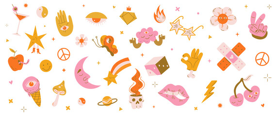 Psychedelic stickers, retro hippie pattern with flowers, hearts, sun, moon and stars. Vector doodle illustration with signs of peace, yin yang, funny and weird icons of butterfly, eyes and hands