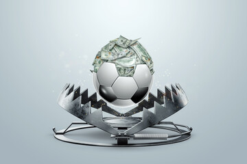 Soccer ball with money in a metal bear trap, close-up. The concept of addiction, sports betting, illness, gambler, gambling addiction, gambling addiction. 3D render, 3D illustration.
