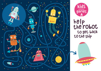 Funny maze for children. Help the robot to get back to the ship. Kids learning games collection. 