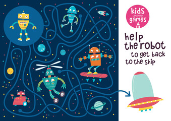 Funny maze for children. Help the robot to get back to the ship. Kids learning games collection. 